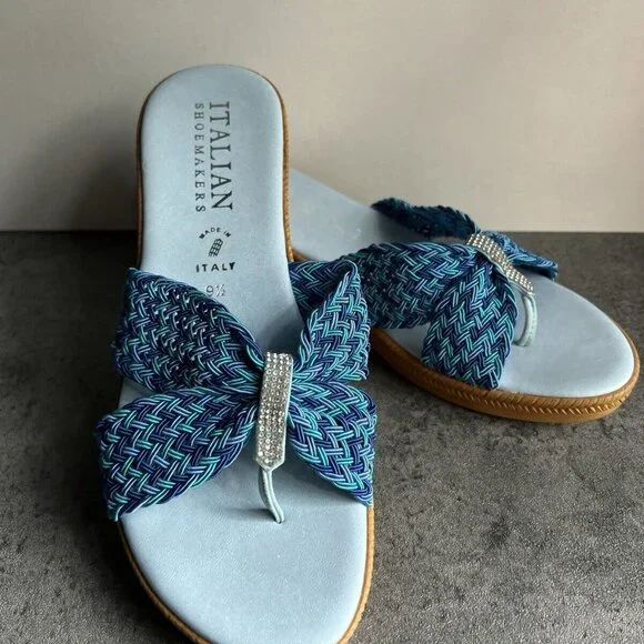 Italian Shoemakers Mixed Blue Rhinestone Sparkle Thong Wedge Sandals Size 9.5 M - Picture 13 of 16